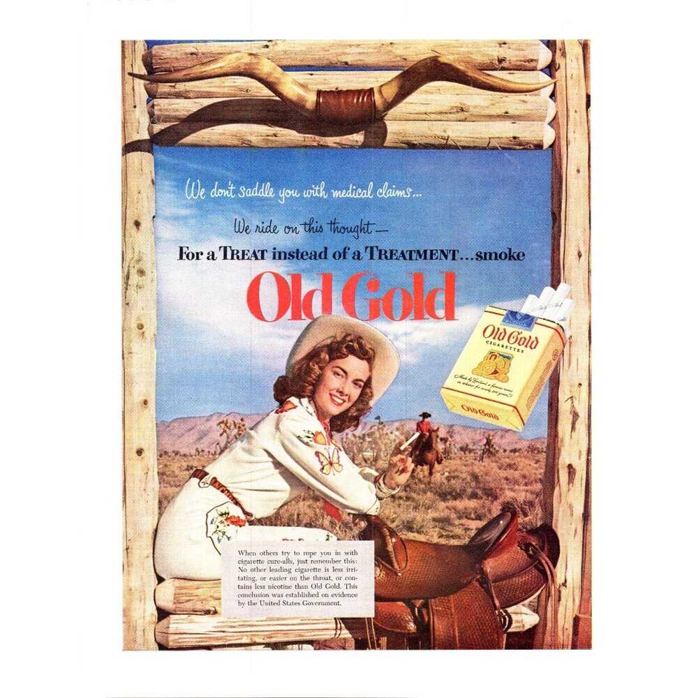 1952 Old Gold Cigarettes Vintage Print Ad Old West Cowgirl Cowboy 50s Wall Art